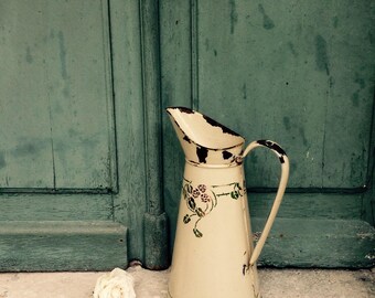 Large early charming chippy hand stenciled french pink roses over cream vintage French enamel pitcher - jug