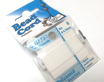 Griffin Polymid Bead Cord. White. Stringing Supplies. Pearl Knotting Thread. Beading Thread. No. 6/.70mm. 2 Meters. One (1).