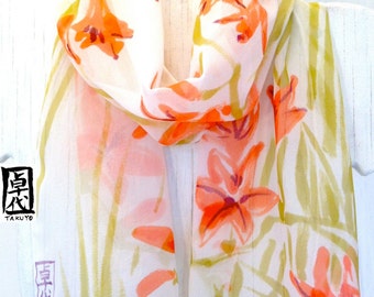 Silk Scarf Hand Painted, Japan Scarf, Silk Painting Art Scarf, Red and Orange Floral Scarf, Silk Chiffon Scarf, Japanese Freesia, In Stock