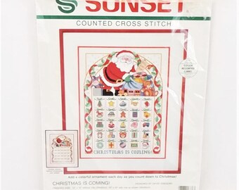 Craft Kit Counted Cross Stitch Kit Sunset Christmas is Coming 12x16 Advent Calendar 18336 Vintage 1992