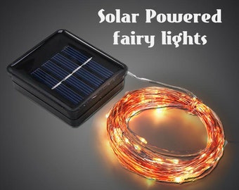 Solar Powered Fairy Wire - Silver or Copper colored Wire. Choose from 8.5 - 33 Foot Lengths. Warm White LEDs