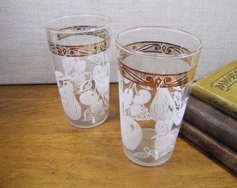 Vintage Drinking Glasses - Gold Band - White Fruit - Set of Two (2)