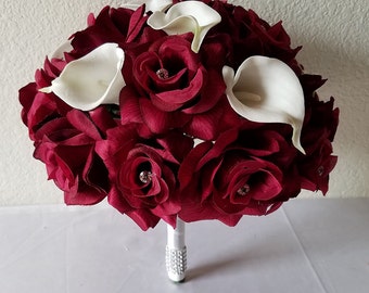 Burgandy Rhinestone Rose Calla Lily Bridal Bouquet & Boutonniere