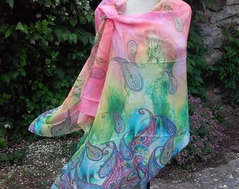 Paisley Long Scarf Rainbow Scarves Oversized Scarf Chiffon Shawl Boho Bohemian Scarf Polyester Wrap Multicolor Esharp Gift Ideas For Her