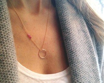 Ombre Ruby Necklace, Natural Ruby Necklace, Gold Circle Necklace, Genuine Ruby, July Birthstone Necklace, Raw Ruby Necklace