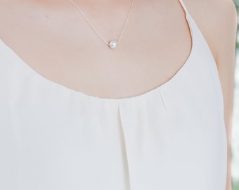 White Silver Pearl Necklace - White Floating Pearl Necklace - Single Pearl Necklace - Bridesmaid Jewelry - Pearls - Pearl Wedding Jewelry
