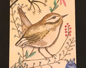 Bird ACEO painitng watercolor acrylic aviary and floral
