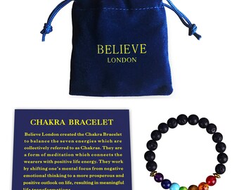 Believe London® Chakra Bracelet With Jewellery Bag & Meaning Card | 7 Chakra Natural Stone | Healing Reiki Yoga