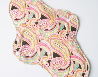 Mama Cloth Pad With Wings .. 14 inches Postpartum Heavy Flow - Pink & Orange Summer Paisley FREE SHIPPING