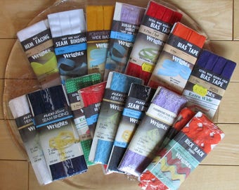 Sewing Supplies - Wrights 19 Packages, Bias Tapes, Hem Facing, Flexi-Lace Seam Binding, Jumbo Rick Rack, Assortment of Colors