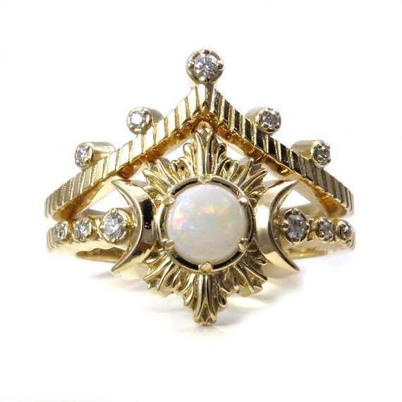 Lunar Cathedral Opal Engagement Ring Set - Diamonds and Yellow Gold
