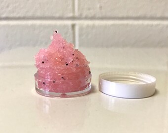 Watermelon lip scrub, lip exfoliant, lip scrub, avocado oil scrub, poppyseed scrub, fruit flavored scrub, summer beauty product, pink scrub