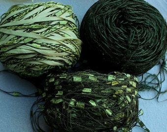 Forest Green Trellis Ladder and Multi Fiber Yarns 50g balls from L'Atelier called Gillian, Sugar Plums and Bianca