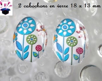 2 glass cabochons 18mm x 13mm theme little birds in the Meadow
