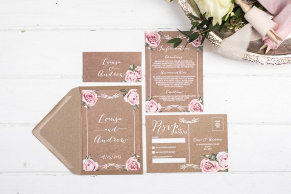 Vintage Wedding Invitation Set - A6 Kraft Floral Framed