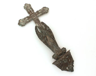 Antique Funeral Cross Baroque Angel with Bible & Lilies, Bronze Cross Sculpture Angel Cemetary Ornament, Mourning Cross Brass Baroque Style