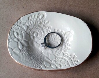 Ceramic Lace Ring Dish Ring Bowl Ring Holder OFF WHITE with gold edging