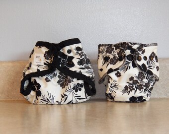 Preemie Newborn Cloth Diaper & Diaper Cover Set- 4 to 9 pounds- Black and Gray Floral- 29041