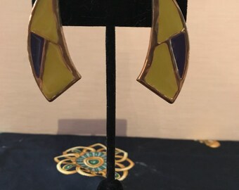 Vintage Purple and Yellow Sculptural Earrings #raquel