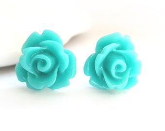 SALE - Teal Rose Stud Earrings