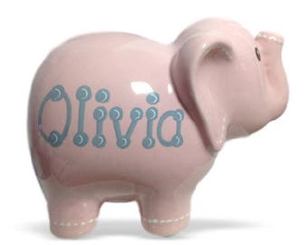 Personalized Hand Painted Large Pink Elephant Bank -Baby's 1st Christmas, Flower Girl, Christening, Baptism, Birthday, Newborn Gift