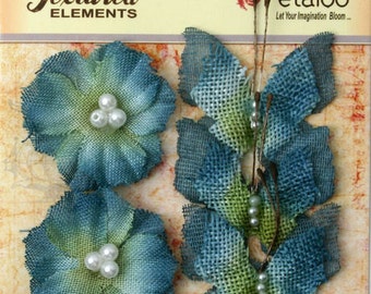 Petaloo Textured Elements Burlap Butterflies and Blooms in Denim Blue