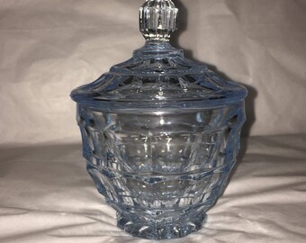 A stunning Vintage Walther & Sohne Blue glass Powder Puff bowl with lid "Mary" pattern circa 1935