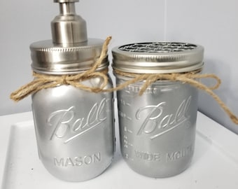 Soap Dispenser and toothbrush holder mason jar - silver metallic