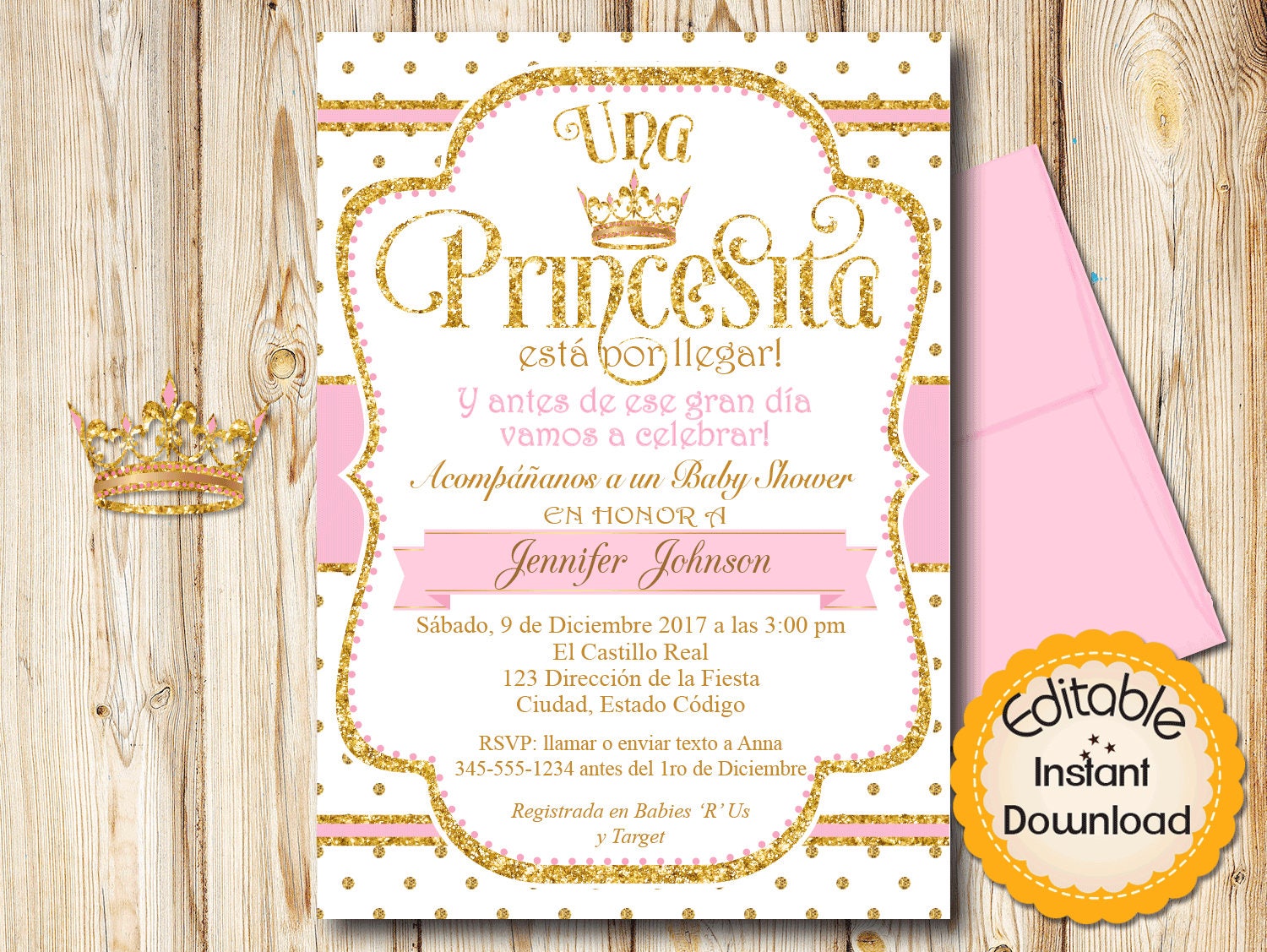 SPANISH Royal Princess Baby Shower Invitation Girl Pink and