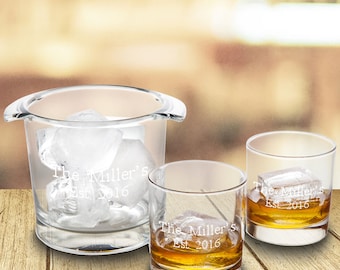 Personalized Ice Bucket with 2 Lowball Glasses - Personalized Barware - Groomsmen Gift - Housewarming Gift - Glassware - Ice Bucket - GC1572