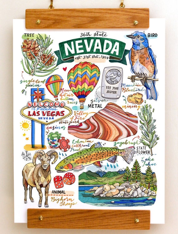 Nevada State Print. State symbols. Illustration. State art.