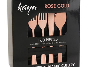 Kaya Collection - Disposable Plastic Rose Gold Silverware Cutlery, Shiny Metallic Flatware 80 Forks, 40 Knives and 40 Spoons (160 Pc)