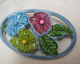 Flower Pink Green Blue Brooch Enamel Vintage Pin