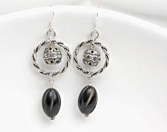Black & Silver Earrings Black Dangle Earrings Long Black Drop Earrings Silver Dangle Twisted Hoop Earrings Silver Rhinestone Earrings