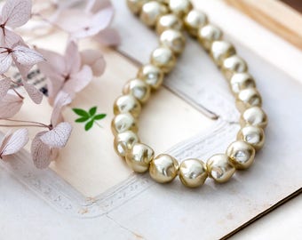 Vintage Glass Pearls Golden Khaki Green Baroque Glass Pearl Beads 8mm