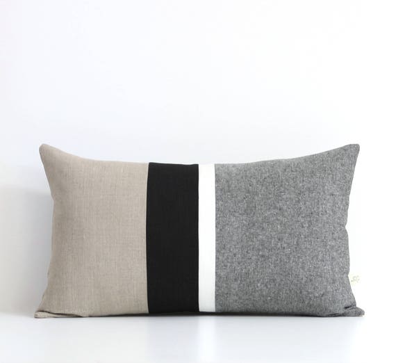 Black and White Chambray Striped Lumbar Pillow 12x20 Modern