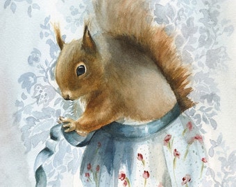 squirrel art, squirrel art print, squirrel painting, squirrel - " A New Apron "