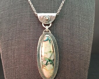 25% Off Royston Ribbon Turquoise Cabochon 14kt Gold Sterling Silver Rustic Metalwork Necklace Pendant