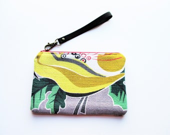 Yellow Flower on Gray Ground Vintage Barkcloth Fabric Wristlet Makeup Bag Zippered Pouch Gift For Her Him Holiday Christmas