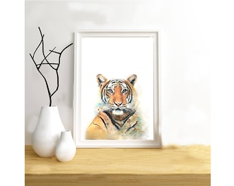 Tiger print on paper drawing illustration, animal painting mixed media (paint, pastels, pencils...).