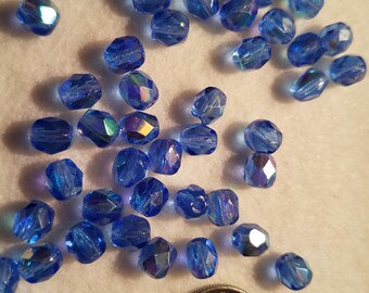 50 6mm Dark Sapphire Blue AB Czech Glass Firepolish Beads