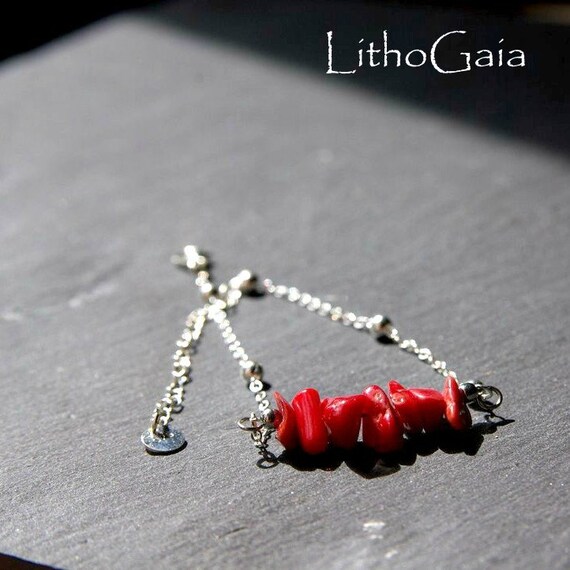 Coral Bar Bracelet or Anklet 925 Sterling Silver, Zodiac birthstone Bracelet, Coral jewelry, Minimalist, Coral beads anklet Gift for Her