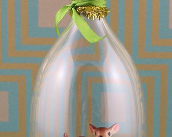 Handmade small cloche/diorama, deer in garden.