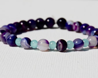 Purple stripe Agate & turquoise beaded gemstone stretch bracelet