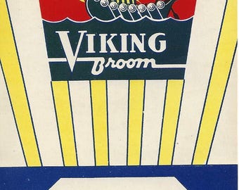 Vintage N.R.O.G. Viking Broom Original Lithograph Broom Label, 1935