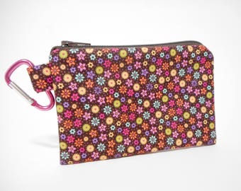 Tiny Floral Coin Purse, Brown Carabiner Clip Change Purse, Small Coin purse