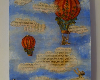 Balloons in the Sky Dream, Mixed Media Art, Collage Painting, Wall Art