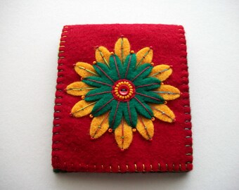 Red Needle Book Felt Needle Organizer with Hand Embroidered Felt Flower Handsewn