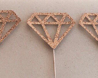 12 Rose Gold Glitter Diamond donut toppers, diamond cupcake toppers, bridal shower decorations, engagement ring topper, bride to be, party,