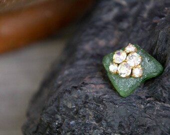 Handmade Repurpose Antique Vintage TINY Rhinestone Crystal & Seaglass Brooch OOAK Refashion Found Salvage Upcycle Eco Boho Statement Quirky